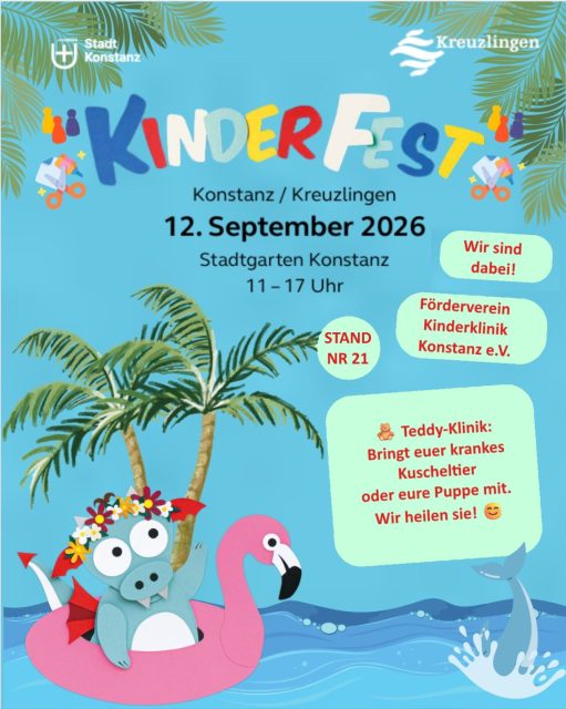 🧸 Willkommen in der Teddy-Klinik!
 Ist euer Teddy, Kuscheltier oder eure Puppe krank? Dann bringt sie mit zu uns! Die Ärztinnen und Ärzte der Kinderklinik Konstanz kümmern sich liebevoll um alle kleinen Patienten und helfen ihnen, schnell wieder gesund zu werden.

Der Förderverein Kinderklinik Konstanz ist mit der Teddy-Klinik beim Kinderfest am 12. September dabei. Wir freuen uns auf euren Besuch! 😊

🎟️ Außerdem erwartet euch eine Tombola mit vielen tollen Preisen!